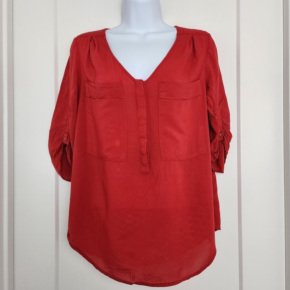 Anthropologie‎ Maeve Blouse S Red Roll Tab Sleeve Henley Tunic Top Boho Office